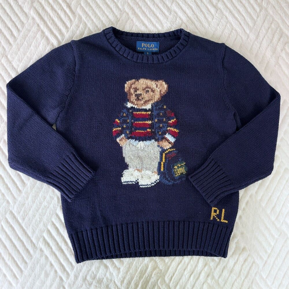 Polo Ralph Lauren Boys Size 5 Polo Bear Navy Cotton Wool Knit Crewneck Sweater
